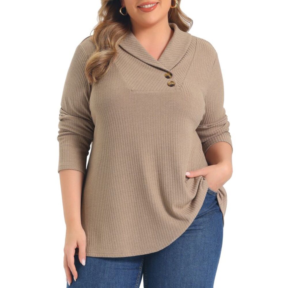 Women Plus Size Shawl Collar V Neck Button Decor Tops Khaki